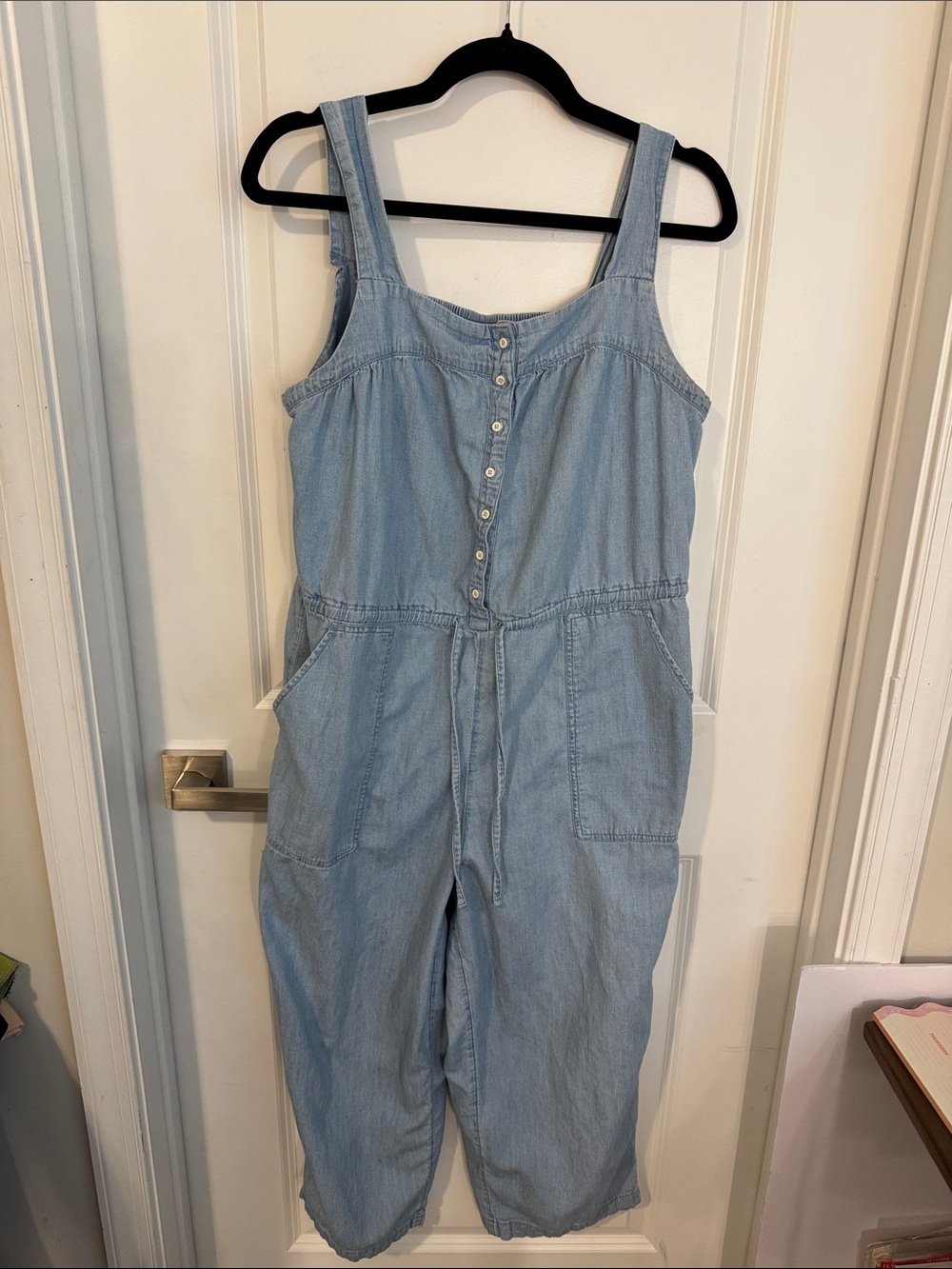 Old Navy Light Blue Denim Cropped Jumpsuit with Drawstring Waist